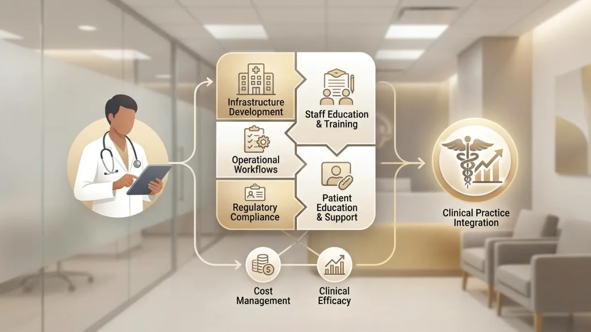 Medical professionals review a clinical implementation framework for peptide therapy.