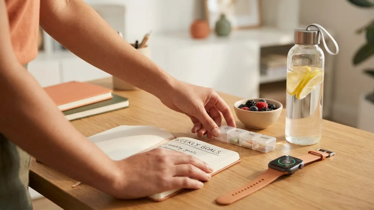 A person prepares a balanced meal and writes in a daily habit tracker to build healthy routines.