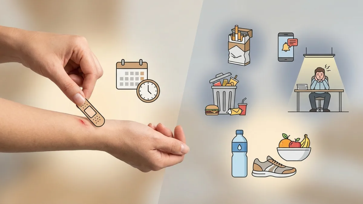 A collection of daily lifestyle choices like healthy foods and exercise that improve the wound healing process.