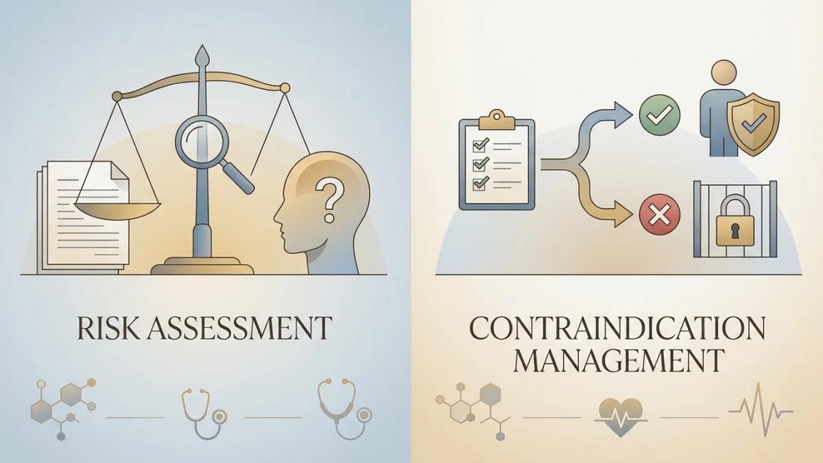 Medical provider reviewing patient charts to assess risks and contraindications for peptide therapy.