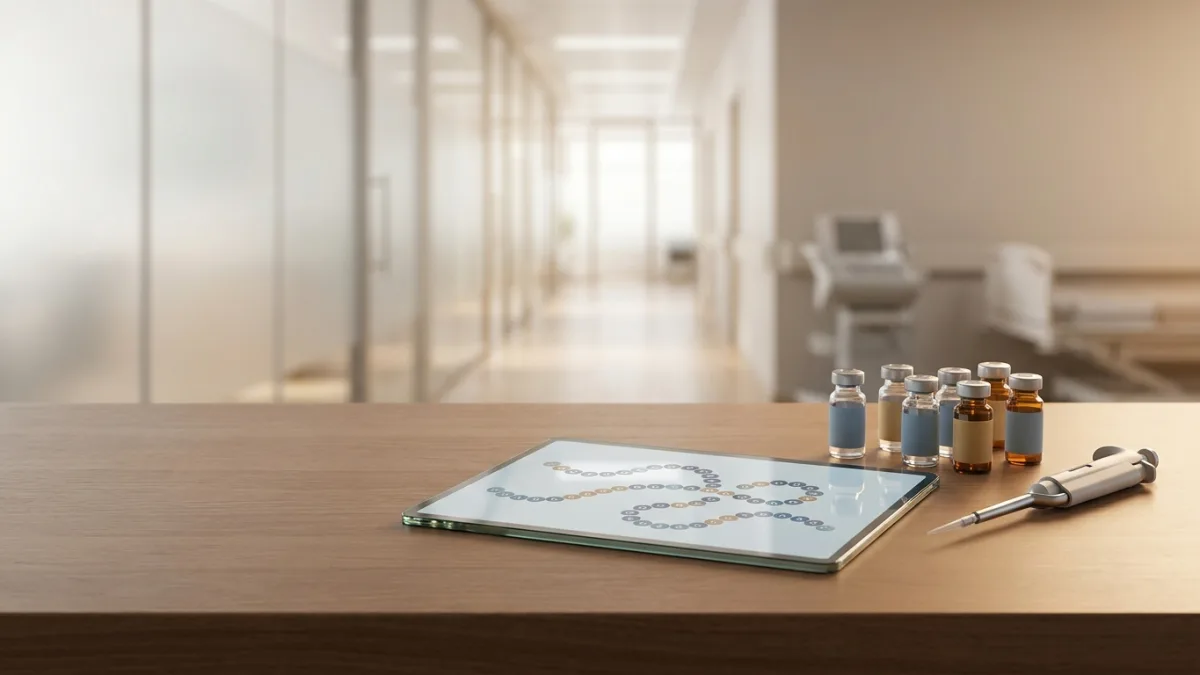 Medical provider analyzing a molecular model of peptide chains for targeted therapy.