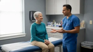 Older adult patient discussing primary care options with a provider