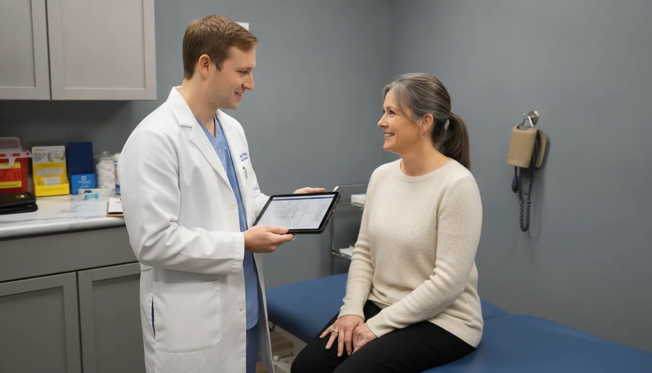Wound-care clinician discussing treatment options with a patient in an Omaha clinic