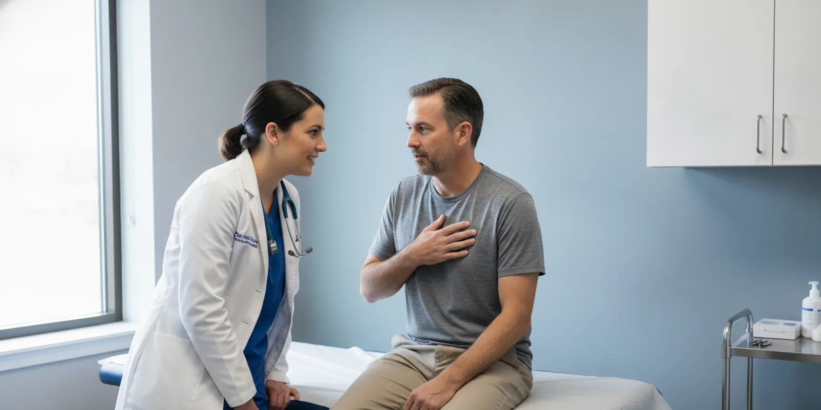 Primary care provider speaking with a patient about breathing symptoms in a bright exam room