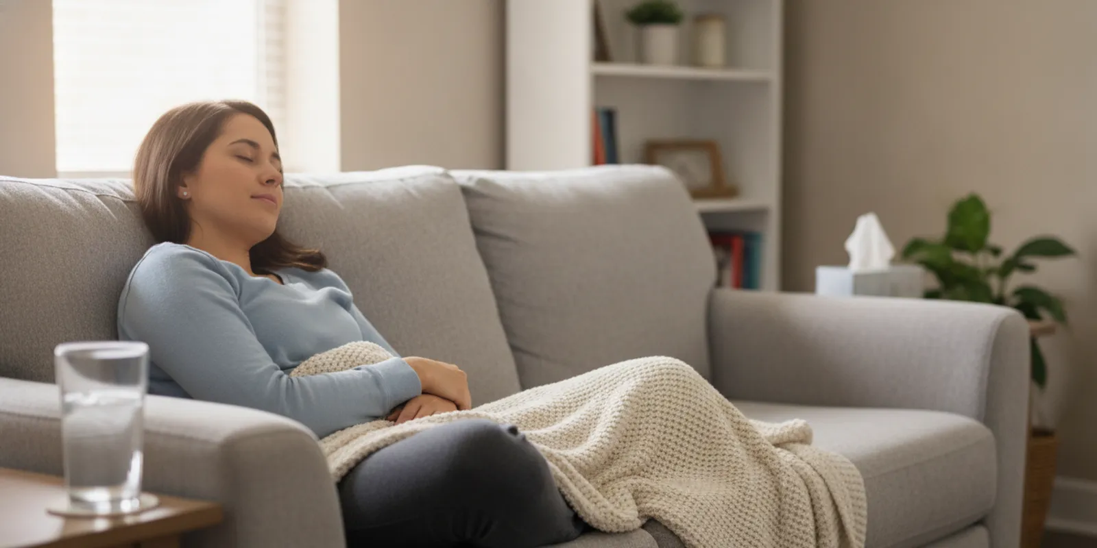 A person resting at home with a mug and tissues while recovering from a cold