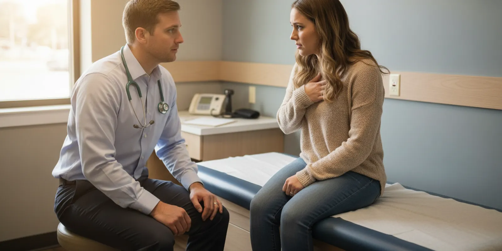 A primary care provider speaking with an adult patient during a clinic visit