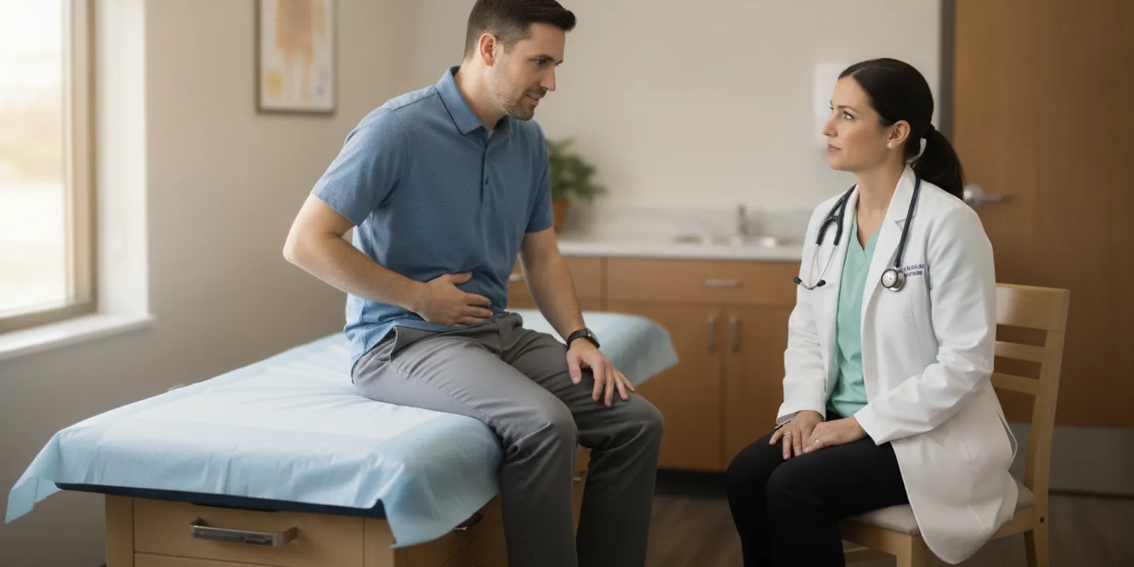 A patient speaking with a primary care provider during a calm medical consultation