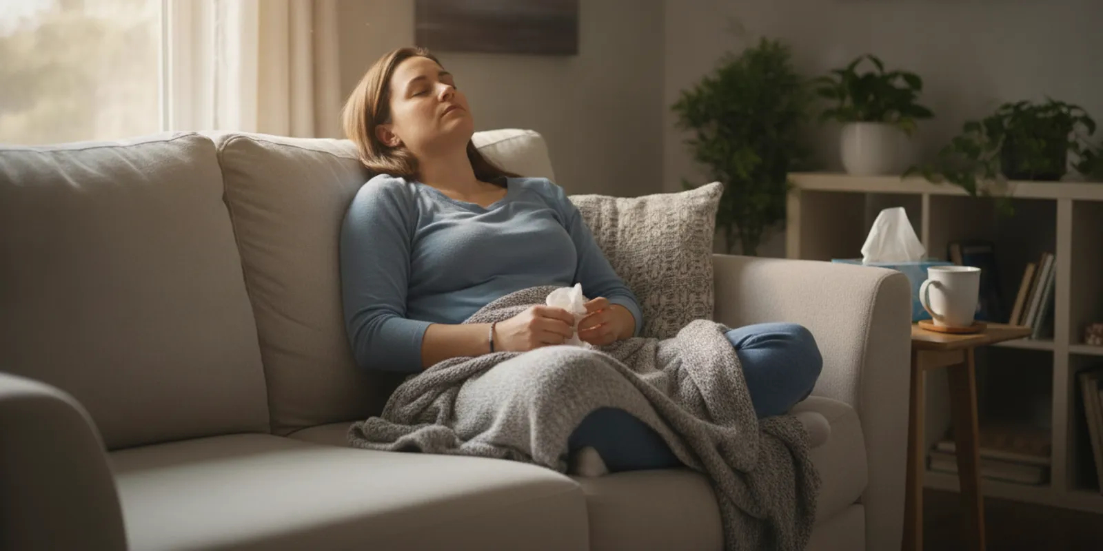 Adult resting at home with tissues and a warm drink while experiencing nasal congestion