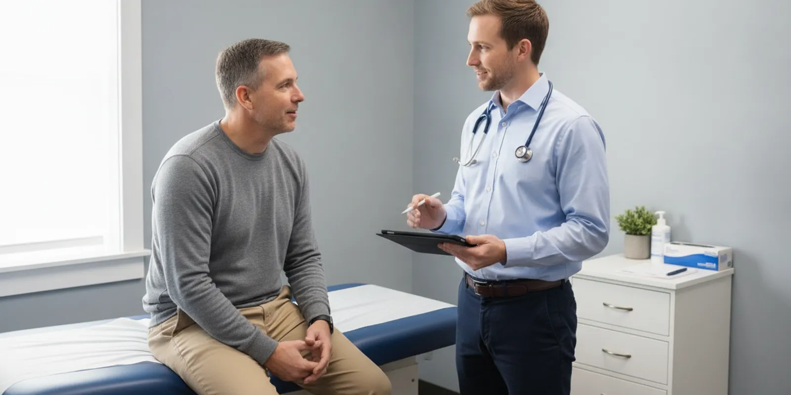 A primary care provider speaking with a patient during a respiratory illness visit