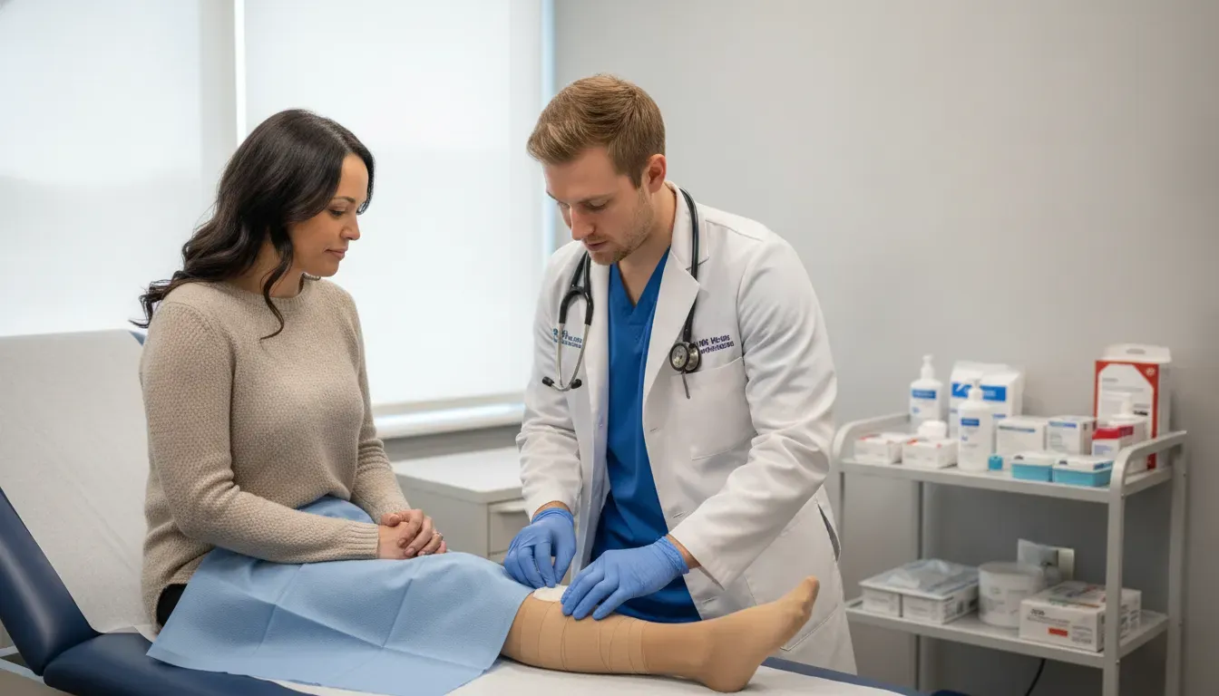 Wound care clinician examining a patient's lower leg during venous leg ulcer treatment in Omaha
