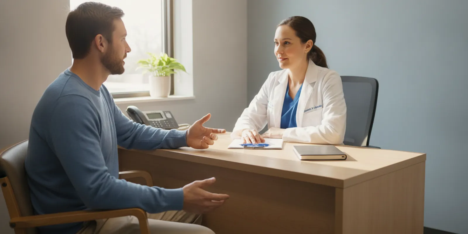 Primary care provider discussing a patient's health concerns in a bright exam room